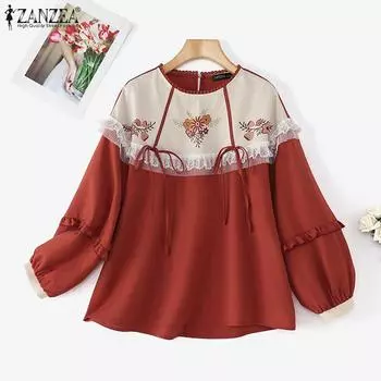 ZANZEA Женская повседневная блузка с принтом в стиле пэчворк с длинным рукавом S красный