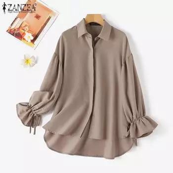 ZANZEA Женская повседневная блузка с пышными рукавами и отложным воротником на пуговицах Рубашки