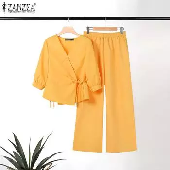 ZANZEA Женская повседневная блузка с рукавами 3/4 и брюки, летний комплект из двух предметов M бежевый