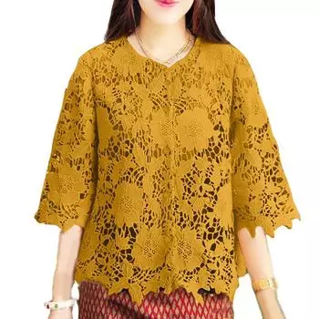 ZANZEA Женская повседневная блузка с рукавом 3/4, кружевной вязкой крючком, лоскутная, свободного кроя S жёлтый