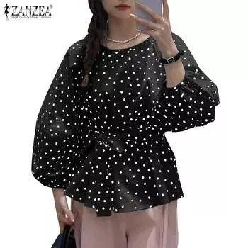 ZANZEA Женская повседневная блузка с рукавом девять четвертей и принтом в горошек S белый