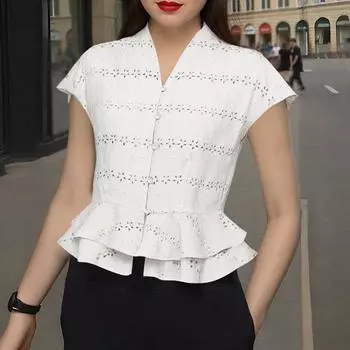 ZANZEA Женская повседневная блузка с V-образным вырезом, коротким рукавом, ажурной вязкой и лоскутным узором S белый