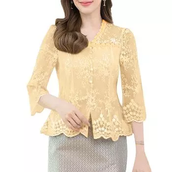 ZANZEA Женская повседневная блузка с V-образным вырезом, рукавом 3/4, ажурной вставкой и кружевом S хаки