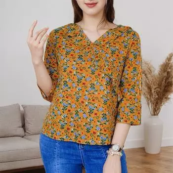 ZANZEA Женская повседневная блузка с V-образным вырезом, рукавами 3/4, свободного кроя, с цветочным принтом S жёлтый