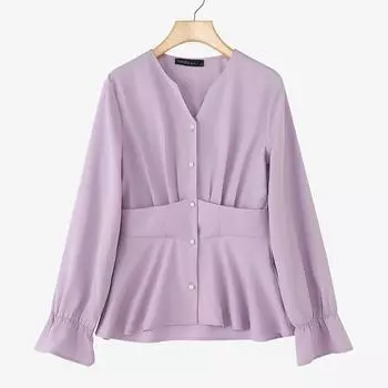 ZANZEA Женская повседневная блузка с V-образным вырезом, свободного кроя, однотонная, с длинным рукавом S фиолетовый