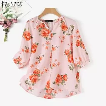 ZANZEA Женская повседневная блузка с v-образным вырезом и рукавами 3/4 с цветочным принтом S чёрный