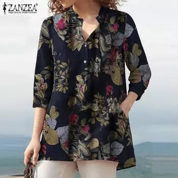 ZANZEA Женская повседневная блузка с v-образным вырезом и рукавами 3/4, летние рубашки с цветочным принтом 5XL жёлтый
