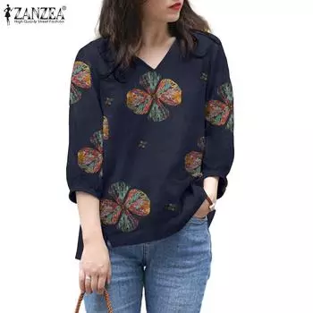 ZANZEA Женская повседневная блузка с v-образным вырезом и рукавами 3/4 и принтом, топы