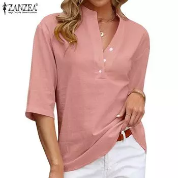 ZANZEA Женская повседневная блузка с v-образным вырезом и рукавами 3/4, однотонная свободная летняя хлопковая футболка M чёрный