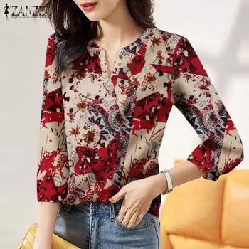 ZANZEA Женская повседневная блузка с V-образным вырезом и принтом, рукав 3/4 S красный