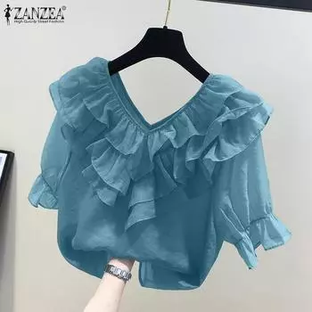 ZANZEA Женская повседневная блузка с V-образным вырезом и рукавами 3/4 с оборками S зелёный