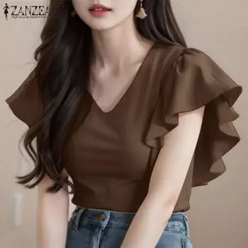 ZANZEA Женская повседневная блузка с коротким рукавом и V-образным вырезом и оборками XL розовый