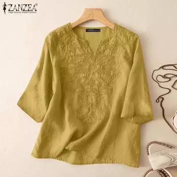 ZANZEA Женская повседневная блузка с V-образным вырезом и рукавом 3/4, свободная, с вышивкой S белый