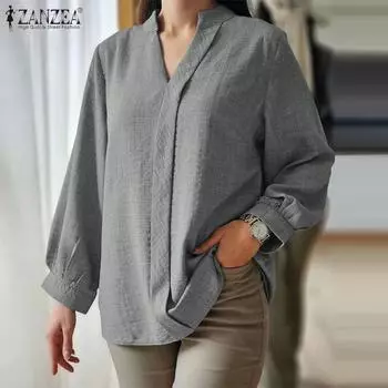 ZANZEA Женская повседневная блузка с V-образным вырезом и длинным рукавом S зелёный