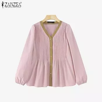ZANZEA Женская повседневная блузка с V-образным вырезом и длинными рукавами 4XL розовый