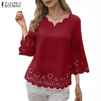 ZANZEA Женская повседневная блузка с V-образным вырезом и рукавом 3/4, свободная ажурная вязка крючком S чёрный