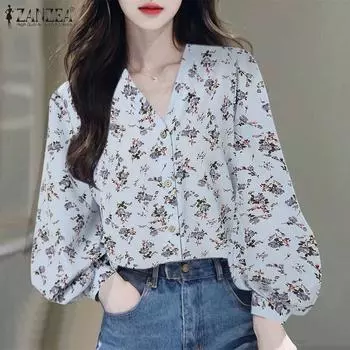 ZANZEA Женская повседневная блузка с V-образным вырезом и длинным рукавом, свободная с принтом S синий