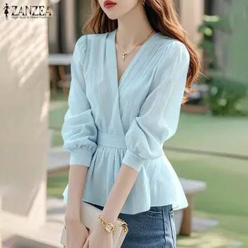 ZANZEA Женская повседневная блузка с V-образным вырезом и длинным рукавом, приталенная блузка M синий