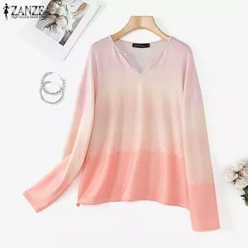 ZANZEA Женская повседневная блузка с V-образным вырезом и длинным рукавом, свободная с принтом XL светло-розовый