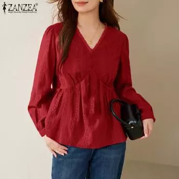 ZANZEA Женская повседневная блузка с V-образным вырезом и длинным рукавом, кружевная вязка крючком 2XL хаки