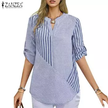 ZANZEA Женская повседневная блузка с V-образным вырезом и полосатым принтом, свободная, рукав 3/4 S чёрный