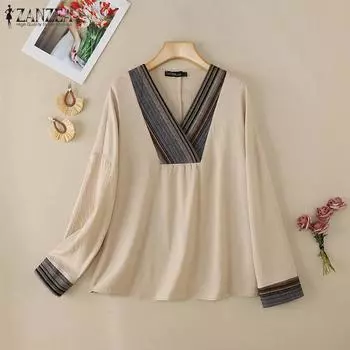ZANZEA Женская повседневная блузка с V-образным вырезом и длинным рукавом в стиле пэчворк S