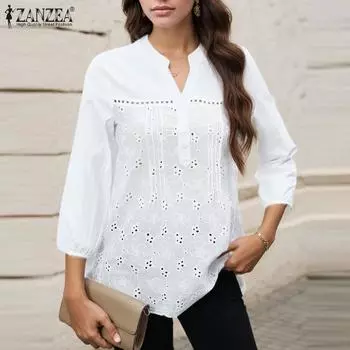 ZANZEA Женская повседневная блузка с V-образным вырезом и рукавом 3/4 из кружева, связанная крючком S белый