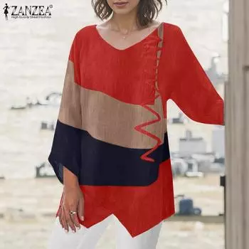 ZANZEA Женская повседневная блузка с V-образным вырезом и рукавом 3/4 в стиле пэчворк S жёлтый