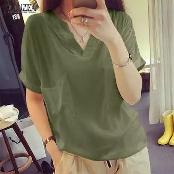 ZANZEA Женская повседневная блузка с V-образным вырезом и коротким рукавом S чёрный