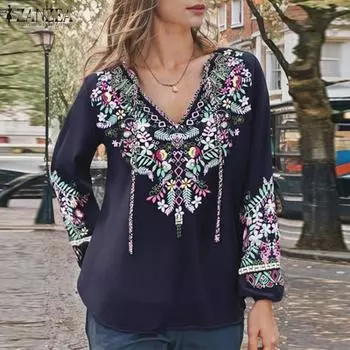 ZANZEA Женская повседневная блузка с V-образным вырезом и длинным рукавом, свободная с принтом S темно-синий