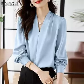 ZANZEA Женская повседневная блузка с V-образным вырезом и длинным рукавом S синий