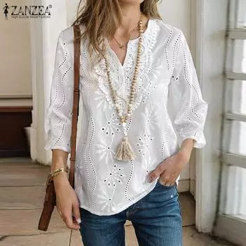 ZANZEA Женская повседневная блузка с V-образным вырезом и рукавом 3/4 в стиле пэчворк из кружева 5XL белый