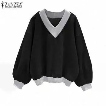 ZANZEA Женская повседневная блузка с V-образным вырезом и длинным рукавом в стиле пэчворк S чёрный