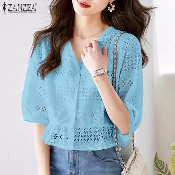 ZANZEA Женская повседневная блузка с V-образным вырезом и рукавом 3/4 из ажурного кружева, связанная крючком L белый