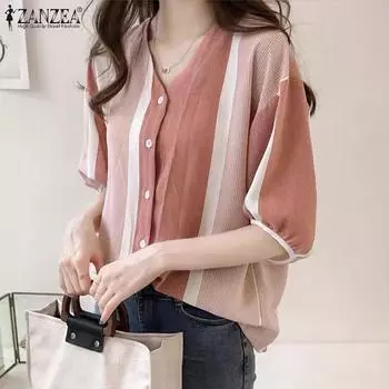 ZANZEA Женская повседневная блузка с V-образным вырезом, свободная, в полоску, с лоскутным узором, с рукавом до локтя 4XL