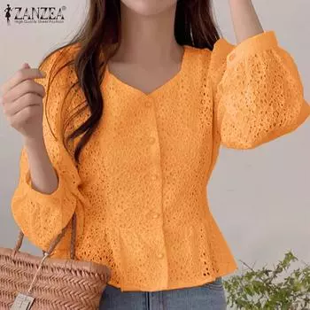 ZANZEA Женская повседневная блузка с V-образным вырезом и рукавом 3/4 из кружева, связанная крючком S белый