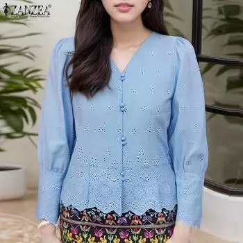 ZANZEA Женская повседневная блузка с V-образным вырезом и рукавом 3/4, свободная, в стиле пэчворк, крючком S синий