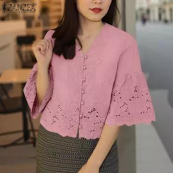 ZANZEA Женская повседневная блузка с V-образным вырезом и рукавом 3/4 из кружева в стиле пэчворк S белый