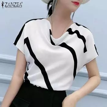 ZANZEA Женская повседневная блузка с воротником-хомутиком, свободная летняя блузка с коротким рукавом 5XL чёрный