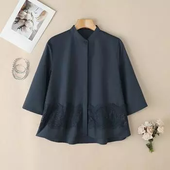ZANZEA Женская повседневная блузка с воротником-стойкой и рукавом 3/4 из кружева в стиле пэчворк S темно-синий