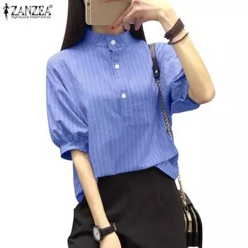 ZANZEA Женская повседневная блузка с воротником-стойкой в полоску и принтом до половины рукава M чёрный