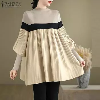 ZANZEA Женская повседневная блузка с воротником-стойкой и длинным рукавом в стиле пэчворк S чёрный