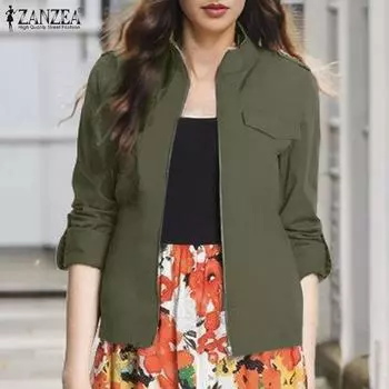 ZANZEA Женская повседневная блузка с воротником-стойкой и длинным рукавом на молнии S зелёный