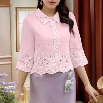 ZANZEA Женская повседневная блузка свободного кроя с рукавом 3/4 и отложным воротником, связанная крючком S розовый