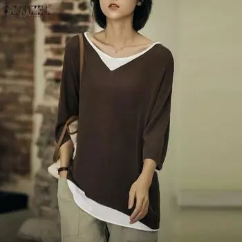 ZANZEA Женская повседневная блузка свободного кроя с круглым вырезом и рукавами 3/4 в стиле колор-блок L чёрный