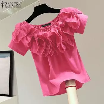 ZANZEA Женская повседневная блузка свободного кроя с оборками и круглым вырезом с коротким рукавом 3XL темно-розовый