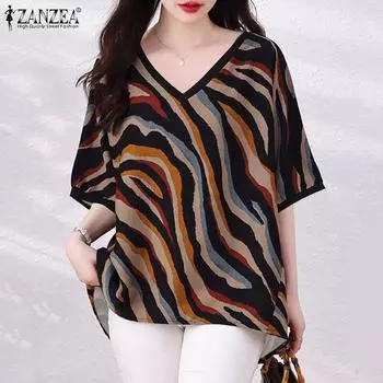 ZANZEA Женская повседневная блузка свободного кроя с V-образным вырезом и рукавом 3/4 с принтом на лето S чёрный