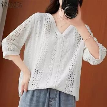 ZANZEA Женская повседневная блузка свободного кроя с V-образным вырезом и рукавом 3/4 S тёмно-синий