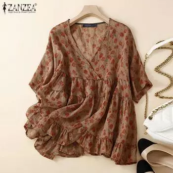 ZANZEA Женская повседневная блузка свободного кроя с V-образным вырезом и рукавом 3/4 с цветочным принтом S хаки