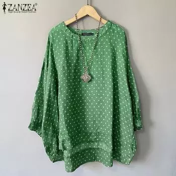 ZANZEA Женская повседневная блузка свободного кроя с принтом в горошек и рукавом 3/4 M зелёный